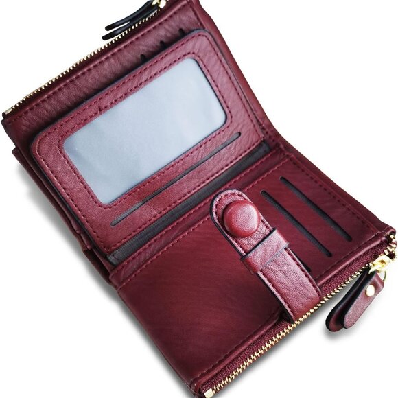 Women's Leather Wallet Small RFID Bifold with Coin Pocket Card Holder Red - Picture 1 of 7